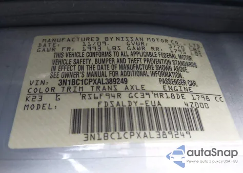 2010 Nissan Versa 1.8S z USA, uszkodzony, nr VIN 3N1BC1CPXAL389249